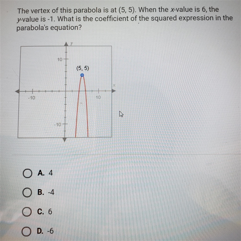 the vertex of this parabola is at (5,5). when the x-value is 6, the y-value is -1. what-example-1