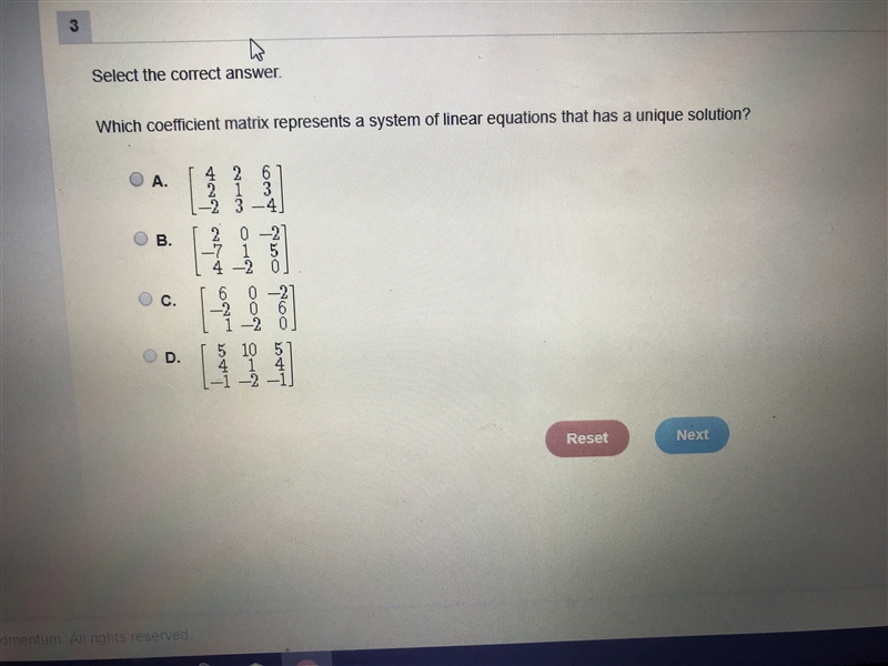 Which coefficient matrix represents a system of linear equations that has a unique-example-1