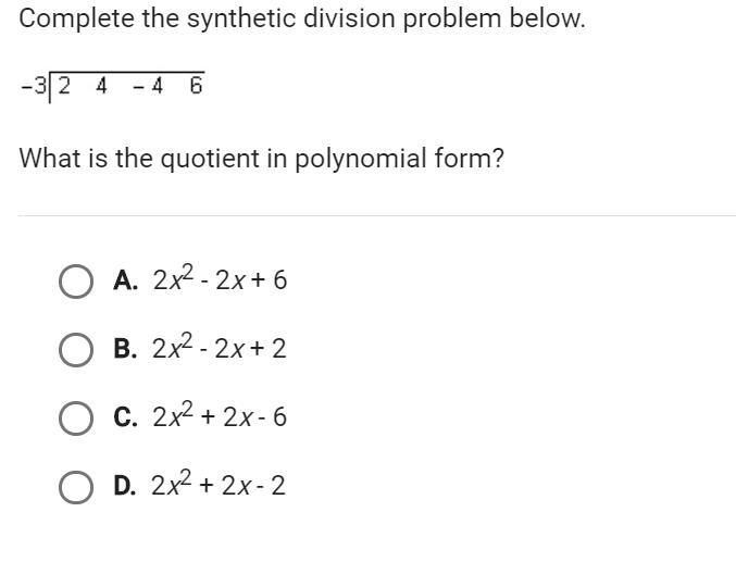 Complete the synthetic division problem below.-example-1