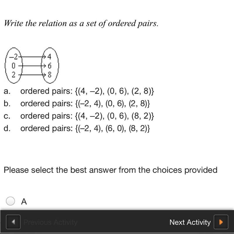 Write the relation as a set of ordered pairs. a. ordered pairs: {(4, –2), (0, 6), (2, 8)} b-example-1