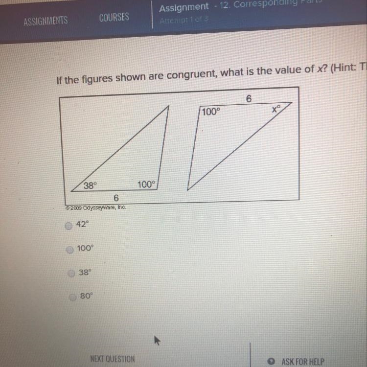 If the figures shown are congruent, what is the value of x? (Hint: The sum of the-example-1