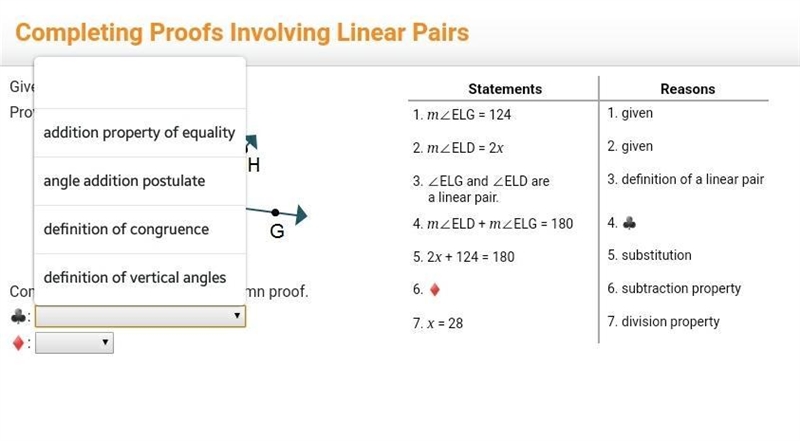 Please look at all three pictures to answer this! Given: m∠ELG = 124° Prove: x = 28 Complete-example-2