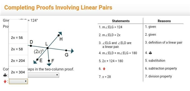 Please look at all three pictures to answer this! Given: m∠ELG = 124° Prove: x = 28 Complete-example-3