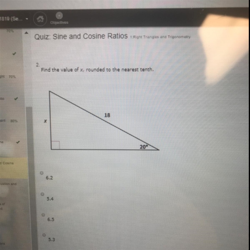 Find the value of x rounded to the nearest tenth A.) 6.2 B.) 5.4 C.) 6.5 D.) 5.3-example-1