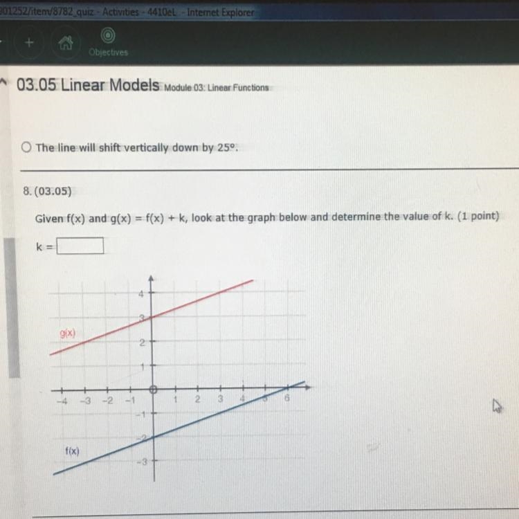 Given f(x) and g(x) = f(x) + k, look at the graph below and determine the value of-example-1