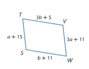 In the parallelogram below, find the measure of side TS and the measure of side TV-example-1