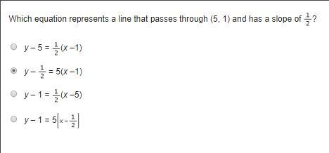 Which equation represents a line that passes through (5, 1) and has a slope of StartFraction-example-1