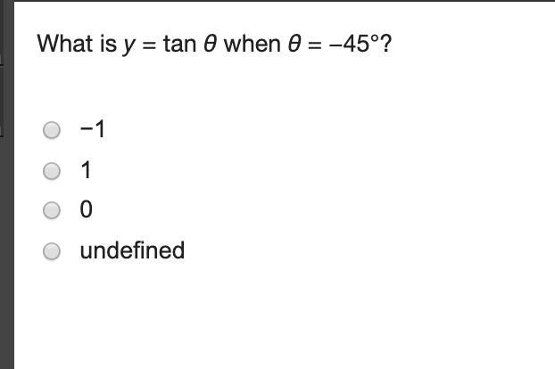 What is y = tan θ when θ = −45°?-example-1