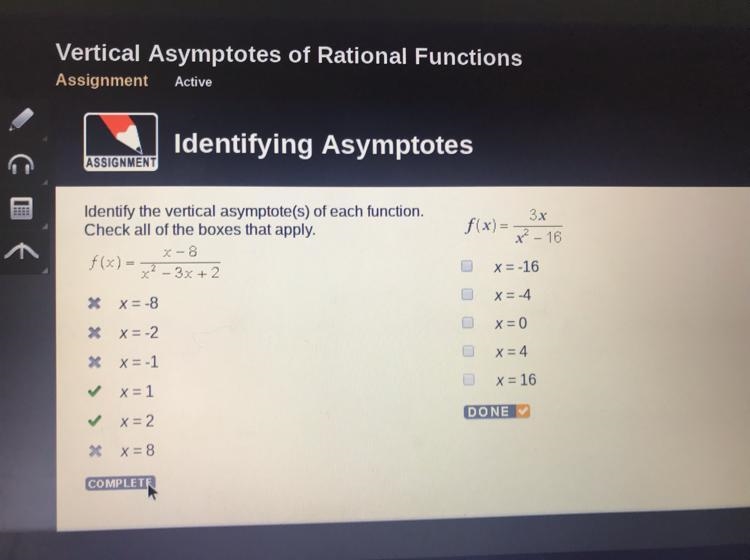 Please help! f(x)= 3x/ x^2-16 a) x= -16 b) x= -4 c) x= 0 d) x= 4 e) x= 16-example-1