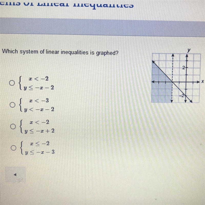 Which system of linear inequalities is graphed?-example-1