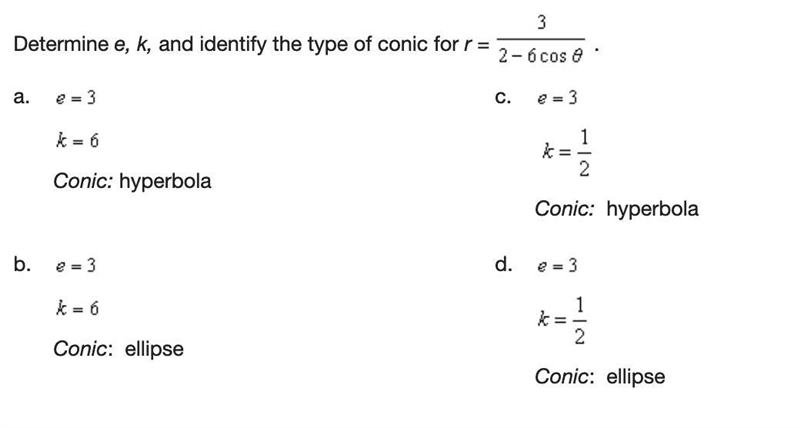 Determine e, k, and identify the type of conic for r =3/2-6 cos theta.-example-1