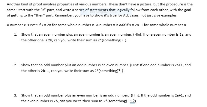 A number x is even if x = 2n for some whole number n. A number x is odd if x = 2n-example-1