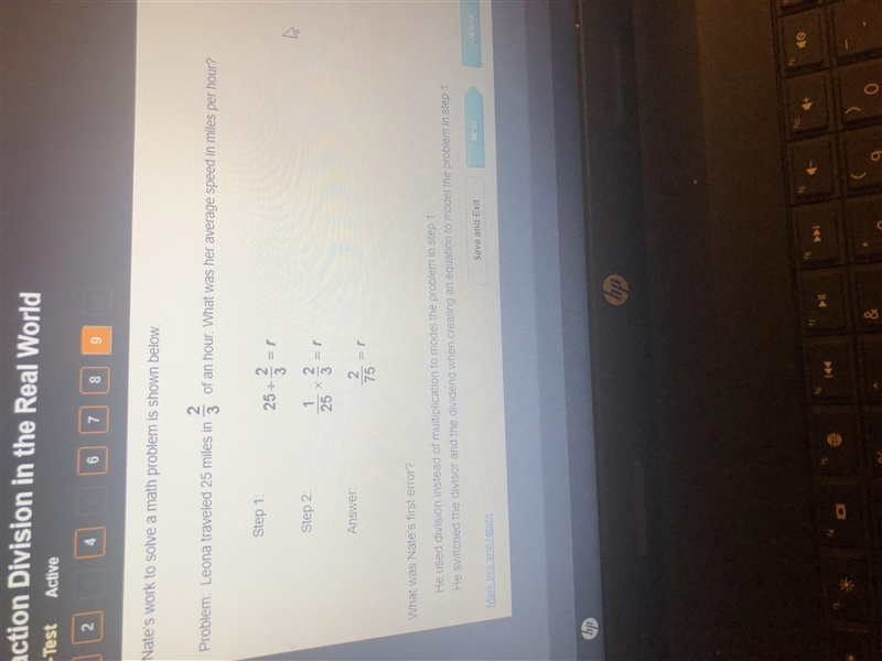 Nate’s work to solve a math problem is shown below. Problem: Leona traveled 25 miles-example-1