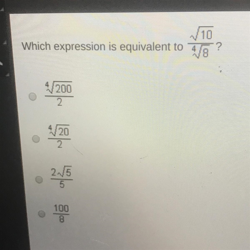 Which expression is equivalent to square root 10 divided by 4 square 8-example-1