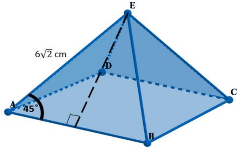 The following picture is a square pyramid where AE=6√2 cm and ∠EAB=45°. Find the surface-example-1