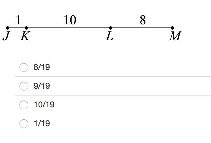 A point is chosen randomly on JM. Identify the probability that the point is on JK-example-1