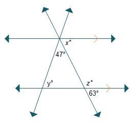 Which statements about the diagram are true? Select three options. x = 63 y = 47 z-example-1