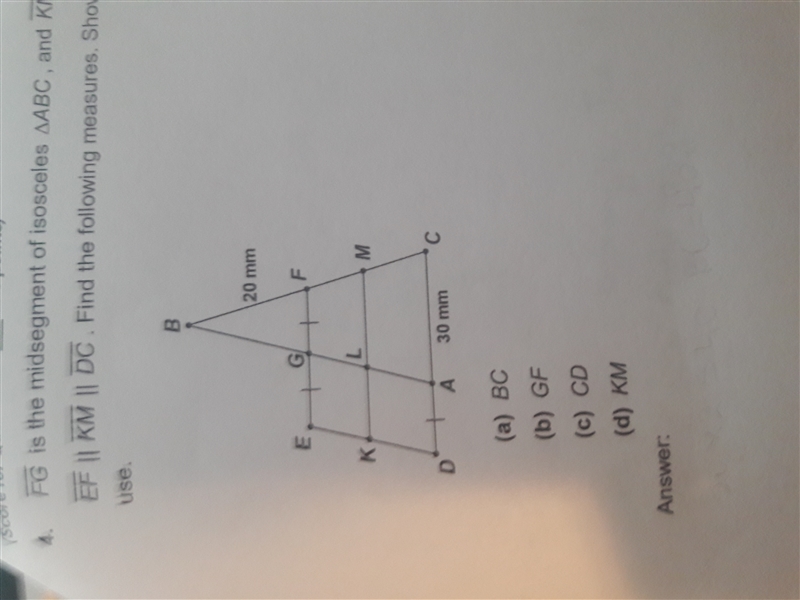 FG is the midsegment of isosceles triangle ABC, and KM is the midsegment of trapezoid-example-1