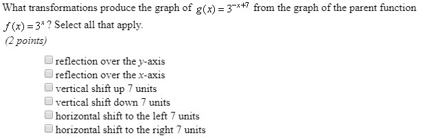 What transformations produce the graph of g(x)=3^-x+7 from the graph of the parent-example-1