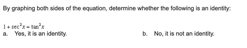 By graphing both sides of the equation, determine whether the following is an identity-example-1