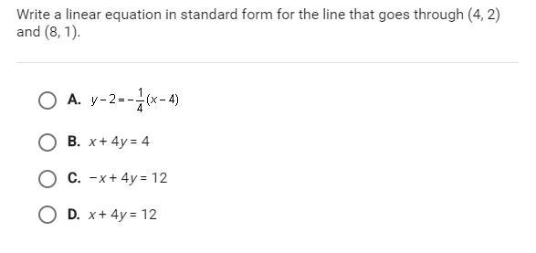 Write a linear equation in standard form for the line that goes through (4,2) and-example-1