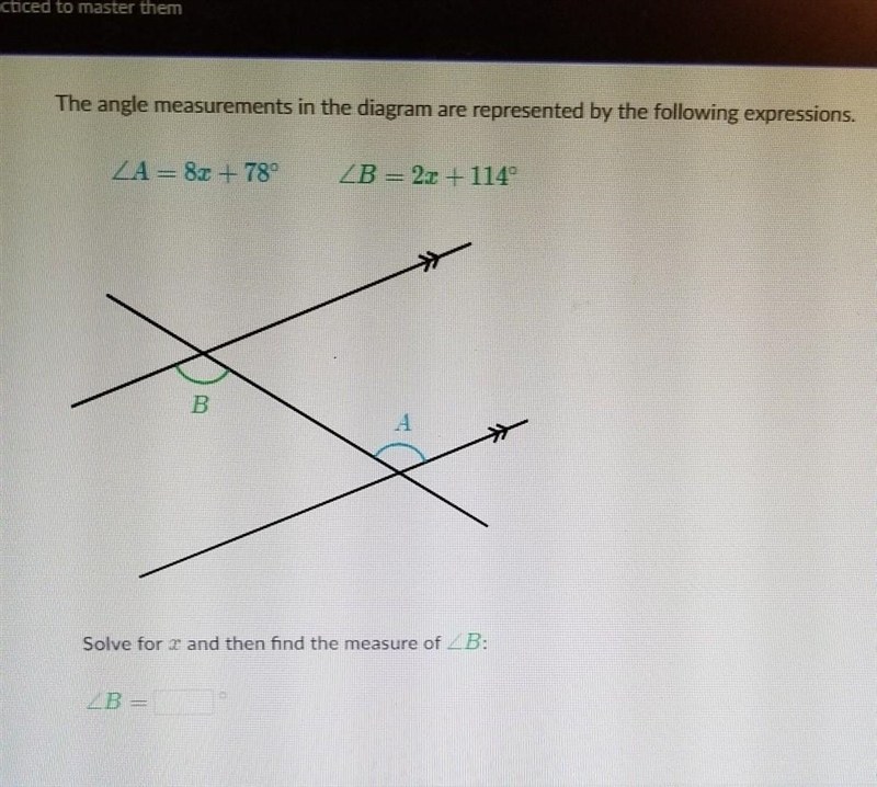 I need help with "Equation practice with angles Geometry" problem.​-example-1