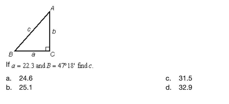 If a=22.3 and B=47º18', find c.-example-1