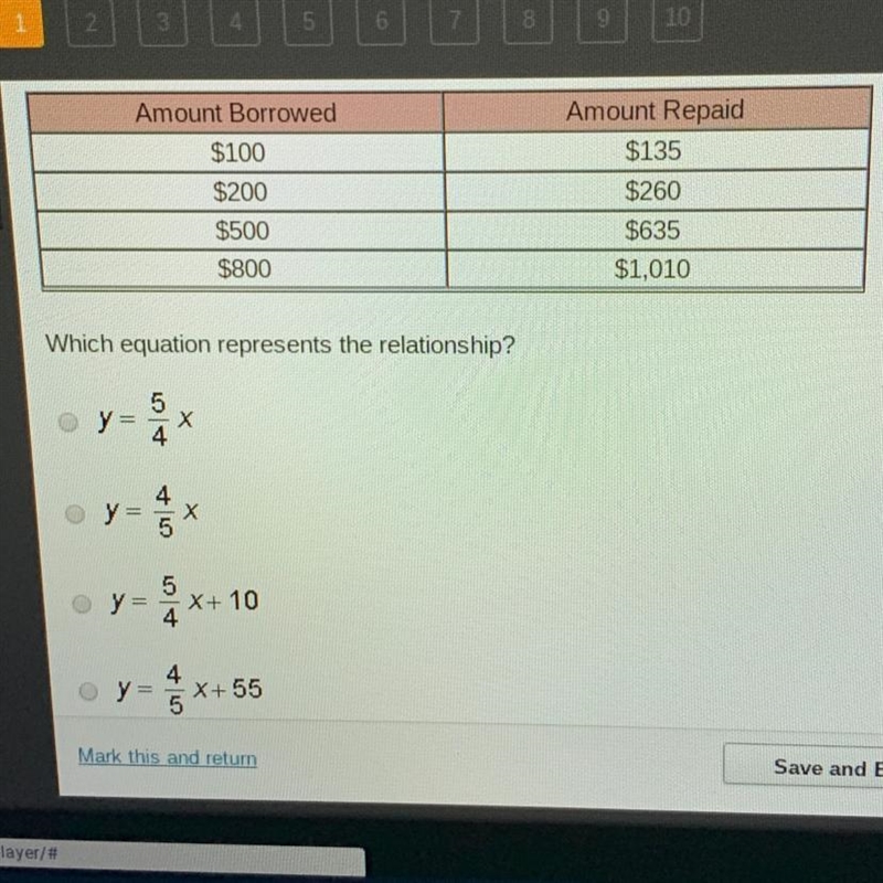 The table below shows the amount that must be repaid,y, when x dollars are borrowed-example-1