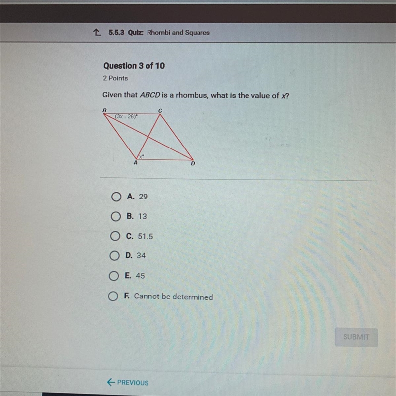 Given that ABCD is a rhombus, what is the value of x?-example-1