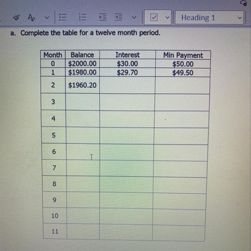 You owe $2000 on a credit card. The card charges 1.5% monthly interest on your balance-example-1