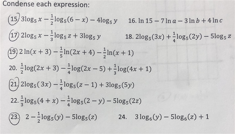 Condense each expression. 100 POINTS. Five problems. #15 #17 #19 #21 #23-example-1