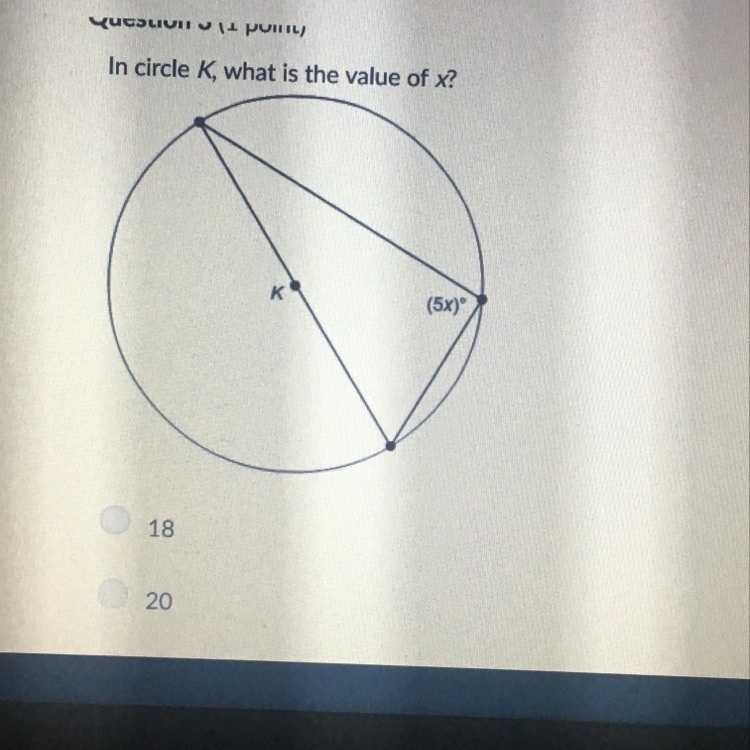 In circle k, what is the value of x? A: 18 B: 20 C:36 D:90-example-1