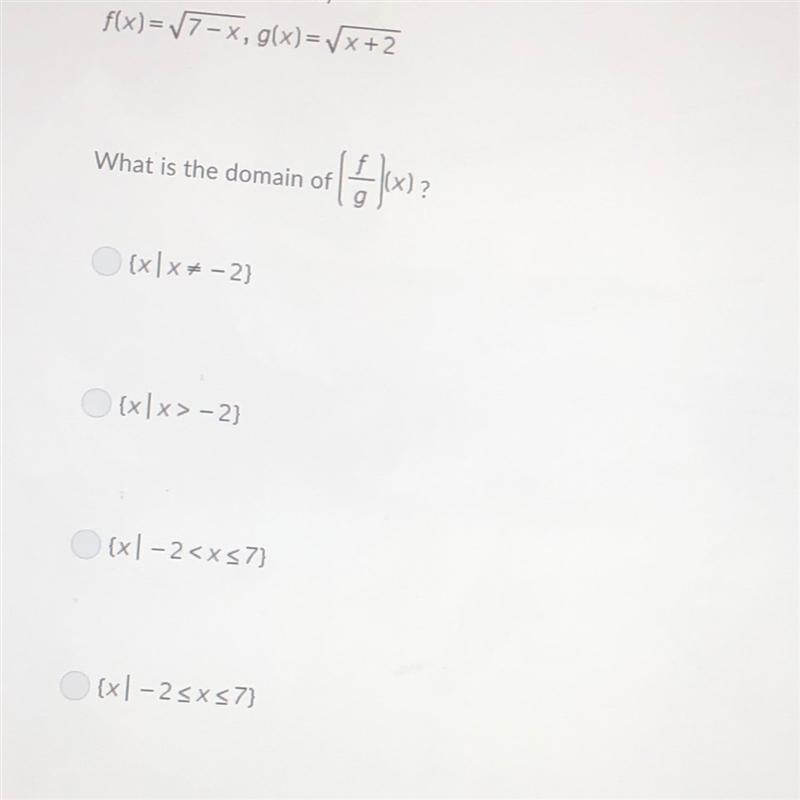 What is the domain of (f/g) (x)?-example-1