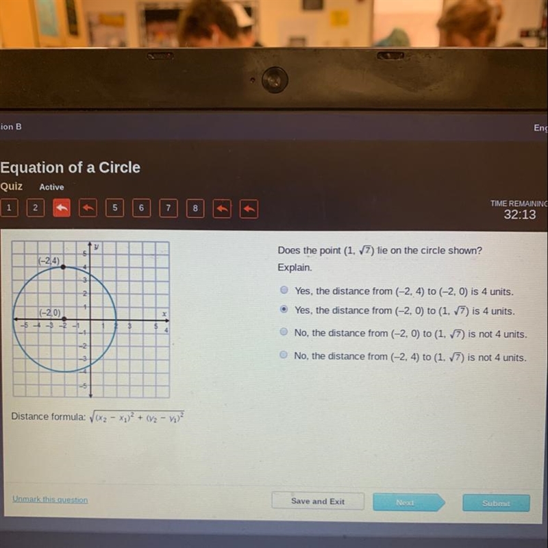 Does the point “is on the circle shown? Explain.-example-1