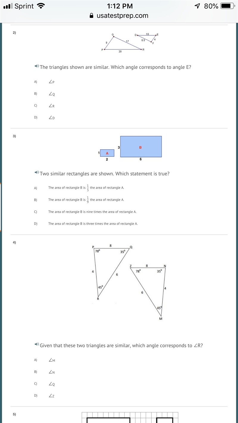 The triangles shown are similar. Which angle corresponds to angle E? A) ∠P B) ∠Q C-example-1