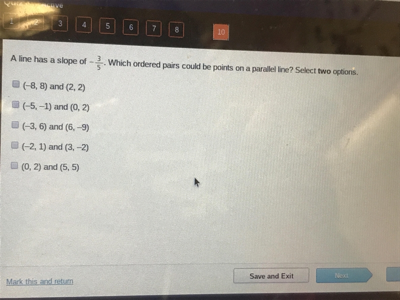 A line has a slope of -3/5.which order pairs could be points on a Parnell line-example-2