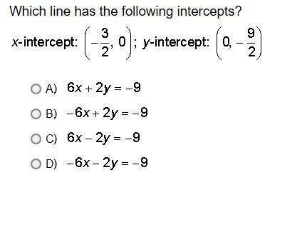 Which line has the following intercepts?-example-1