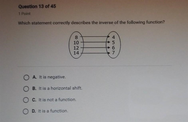 Question 13 of 45 1 Point Which statement correctly describes the inverse of the following-example-1