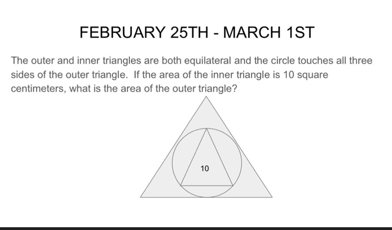 The outer and inner triangles are both equilateral and the circle touches all three-example-1