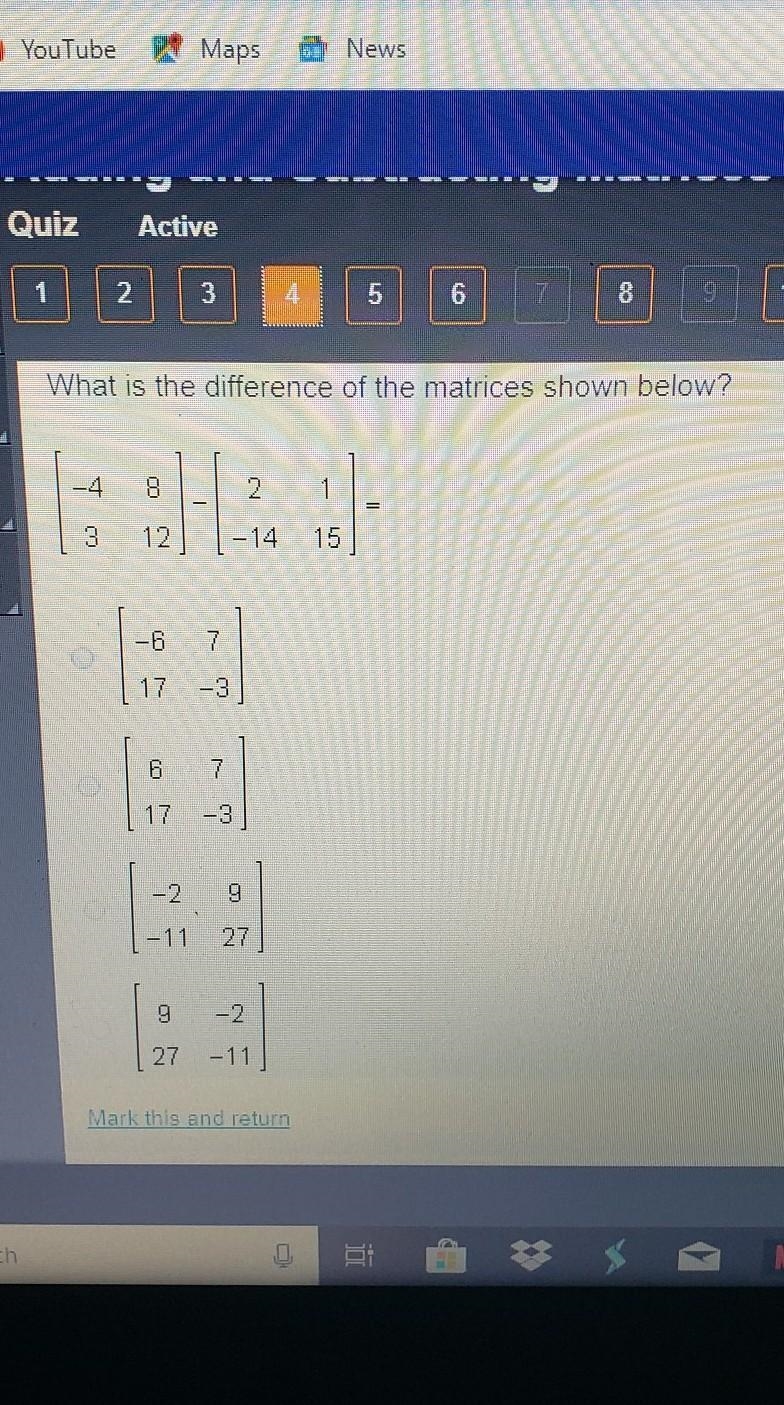 What is the difference of the matrices shown below? COF 8 12] 1-14 15 v | 17 -3] co-example-1