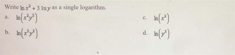 Write ln x^2+3 Iny a single logarithm (Picture provided)-example-1