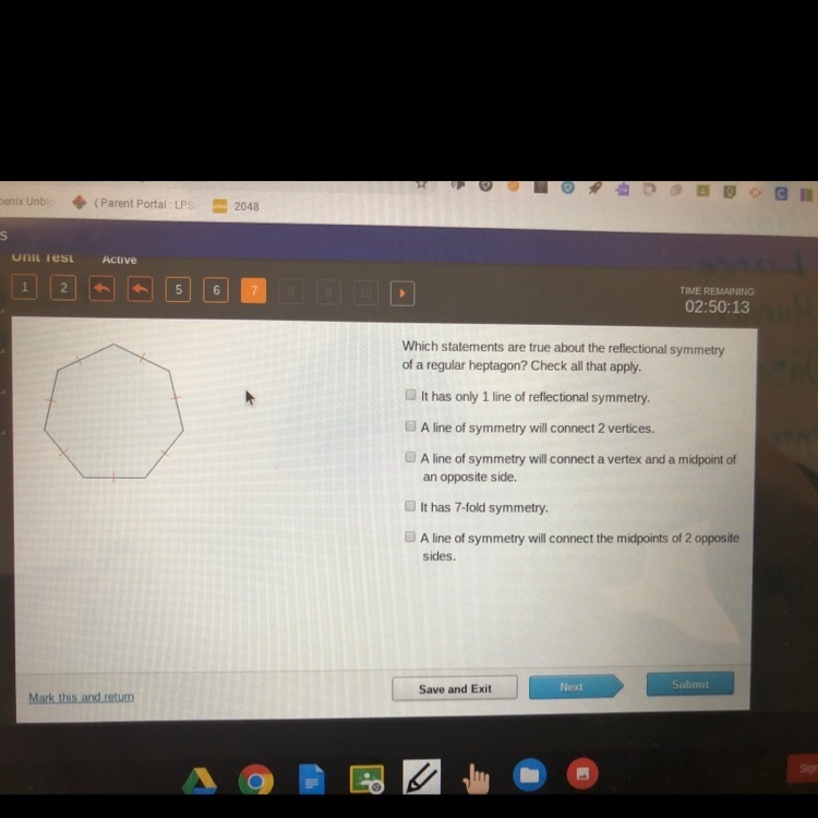 Which statement is true about the reflectional symmetry of a regular heptagon? Check-example-1