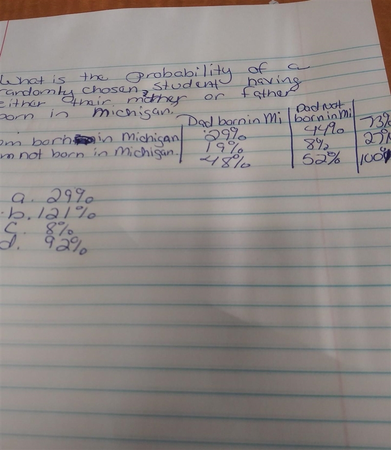 Probability of mom or dad born in Michigan. ​-example-1