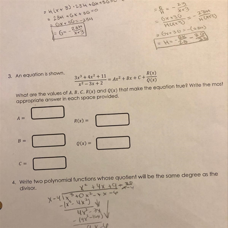 3. An equation is shown. 3x3 + 4x2 + 11 R(x -= Ax2 + Bx + C + x² – 3x+2 What are the-example-1