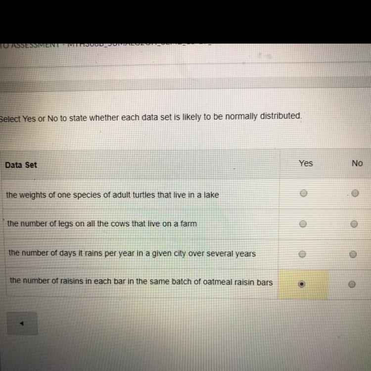 Select yes or no to state whether each data set is likely to be normally distibuted-example-1