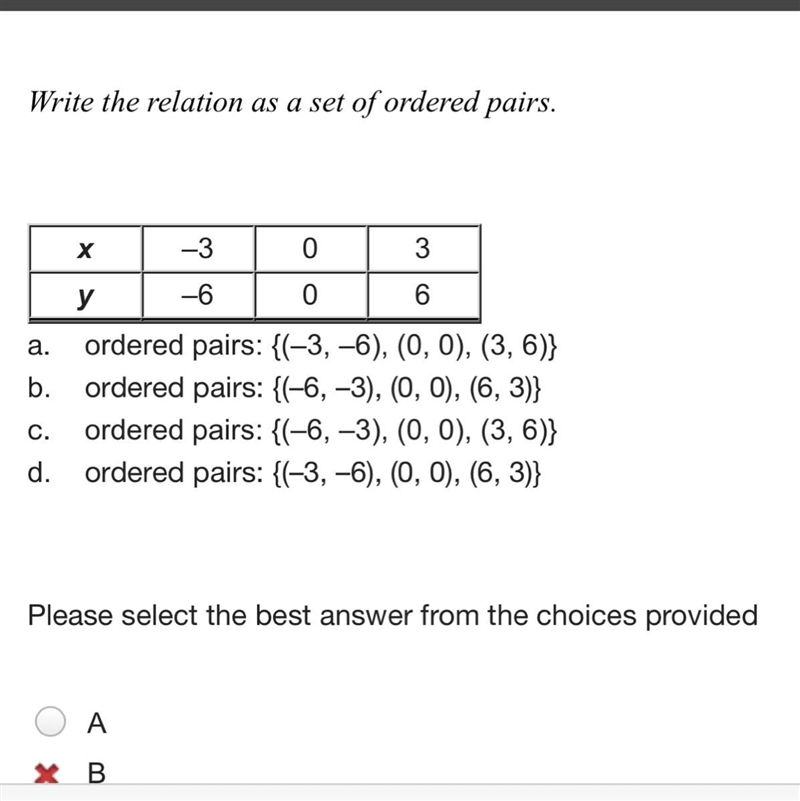 Write the relation as a set of ordered pairs. a. ordered pairs: {(–3, –6), (0, 0), (3, 6)} b-example-1