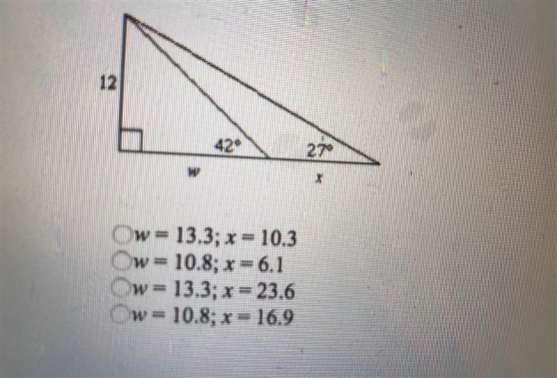 What are the values of w and x in the triangle below? Round the answers to the nearest-example-1