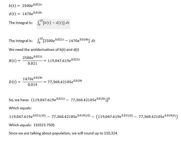 The birth rate of a population is b(t) = 2500 e0.021t people per year and the death-example-1