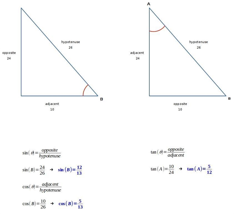 Use the figure at the right for exercises 8-10. write each ratio. 8. sin B 9. cos-example-1