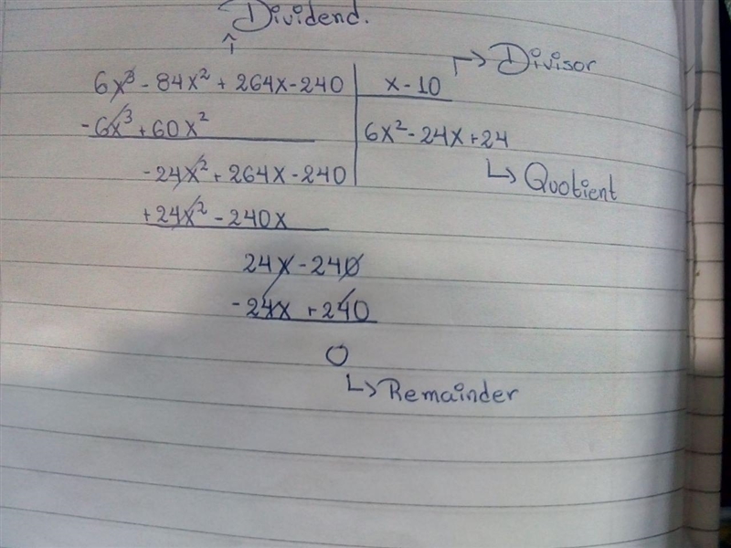 Simplify the expression using synthetic division. (6x3 – 84x2 + 264x – 240) ÷ (x – 10) quotient-example-1